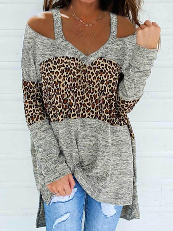 Women's T-Shirts V-Neck Leopard Off-Shoulder Long Sleeve T-Shirt - LuckyFash™