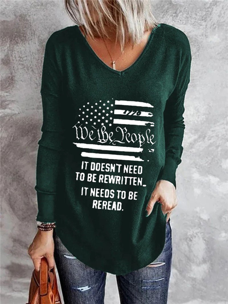 Women's T-Shirts V-Neck Letter Stripe Print Long Sleeve T-Shirt - LuckyFash™