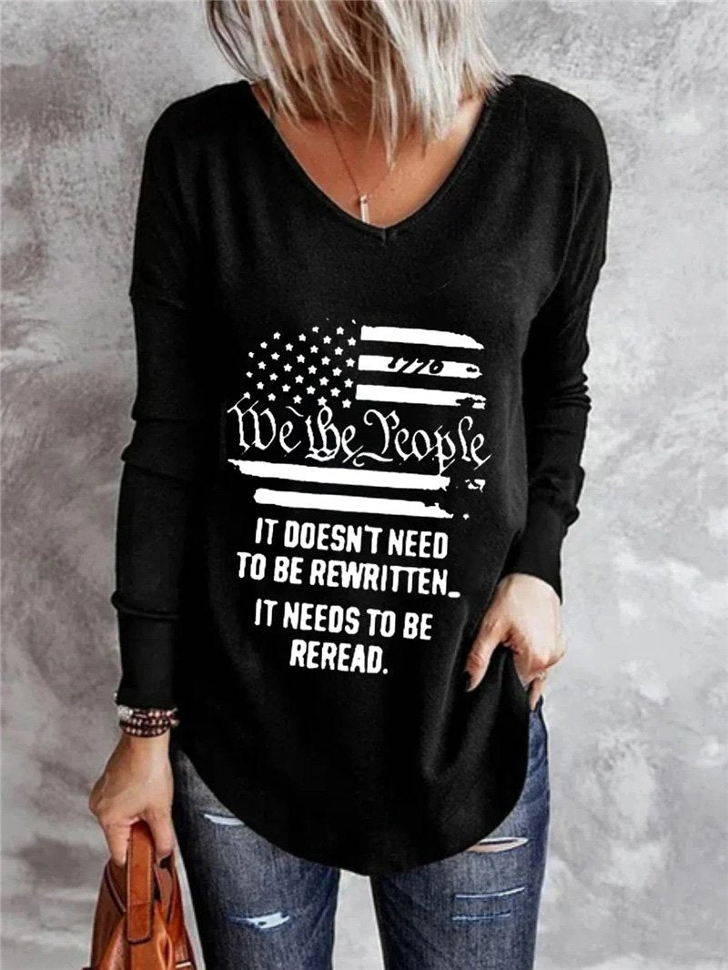 Women's T-Shirts V-Neck Letter Stripe Print Long Sleeve T-Shirt - LuckyFash™