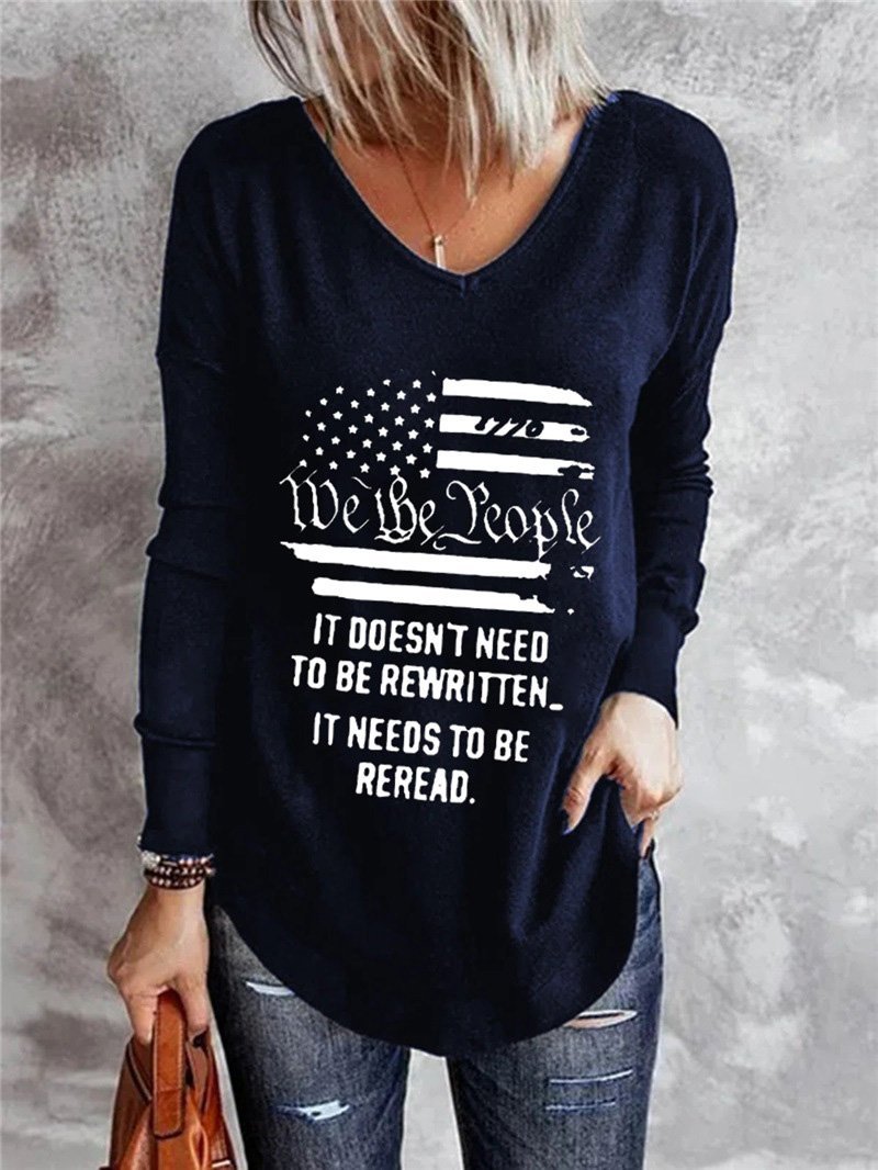 Women's T-Shirts V-Neck Letter Stripe Print Long Sleeve T-Shirt - LuckyFash™