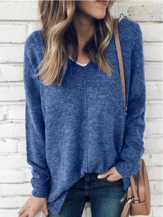 Women's T-Shirts V-Neck Pullover Long Sleeve Suede T-Shirts - LuckyFash™