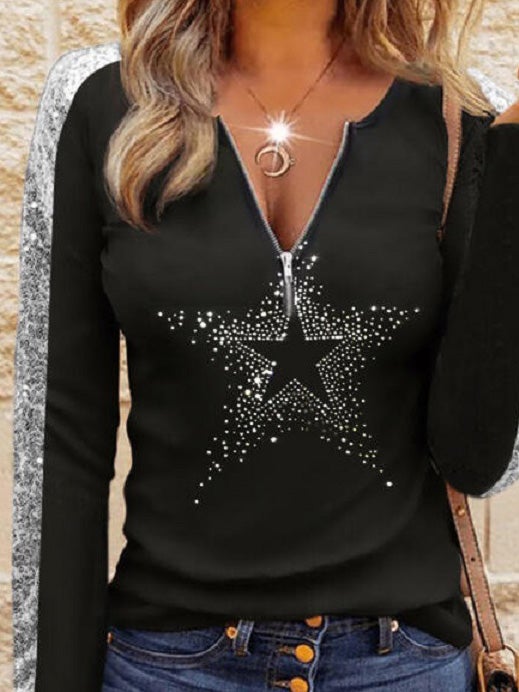 Women's T-Shirts V-Neck Sequin Stitching Star Long Sleeve T-Shirt - LuckyFash™