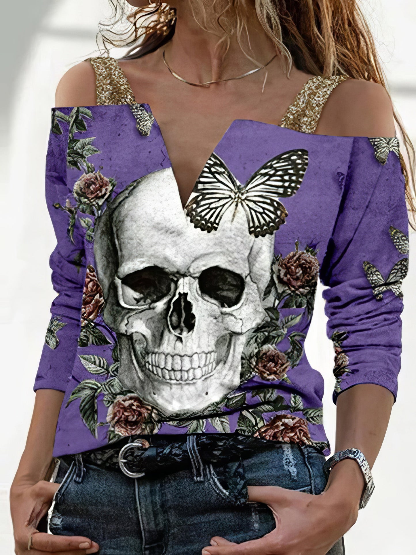 Women's T-Shirts V-Neck Skull Print Suspender Long Sleeve T-Shirt - LuckyFash™
