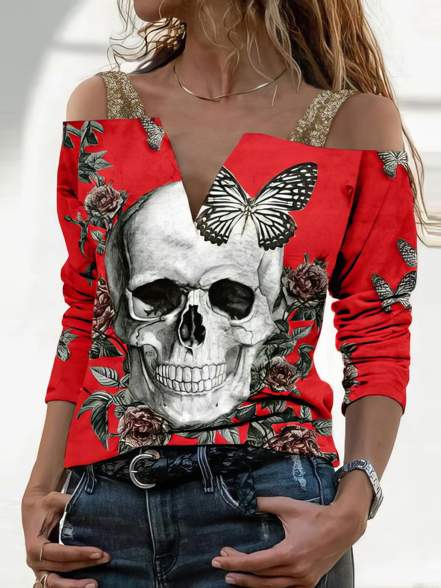 Women's T-Shirts V-Neck Skull Print Suspender Long Sleeve T-Shirt - LuckyFash™