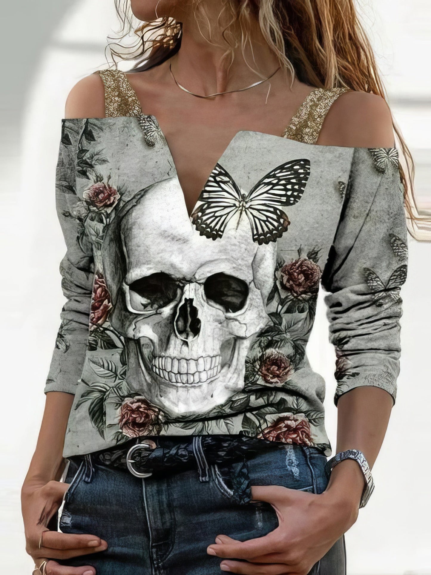 Women's T-Shirts V-Neck Skull Print Suspender Long Sleeve T-Shirt - LuckyFash™