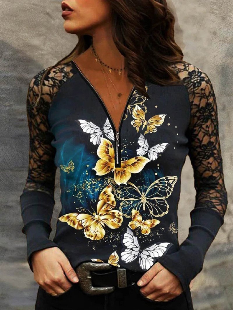 Women's T-Shirts V-Neck Zipper Butterfly Print Lace Long Sleeve T-Shirt - LuckyFash™