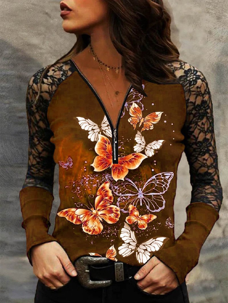 Women's T-Shirts V-Neck Zipper Butterfly Print Lace Long Sleeve T-Shirt - LuckyFash™