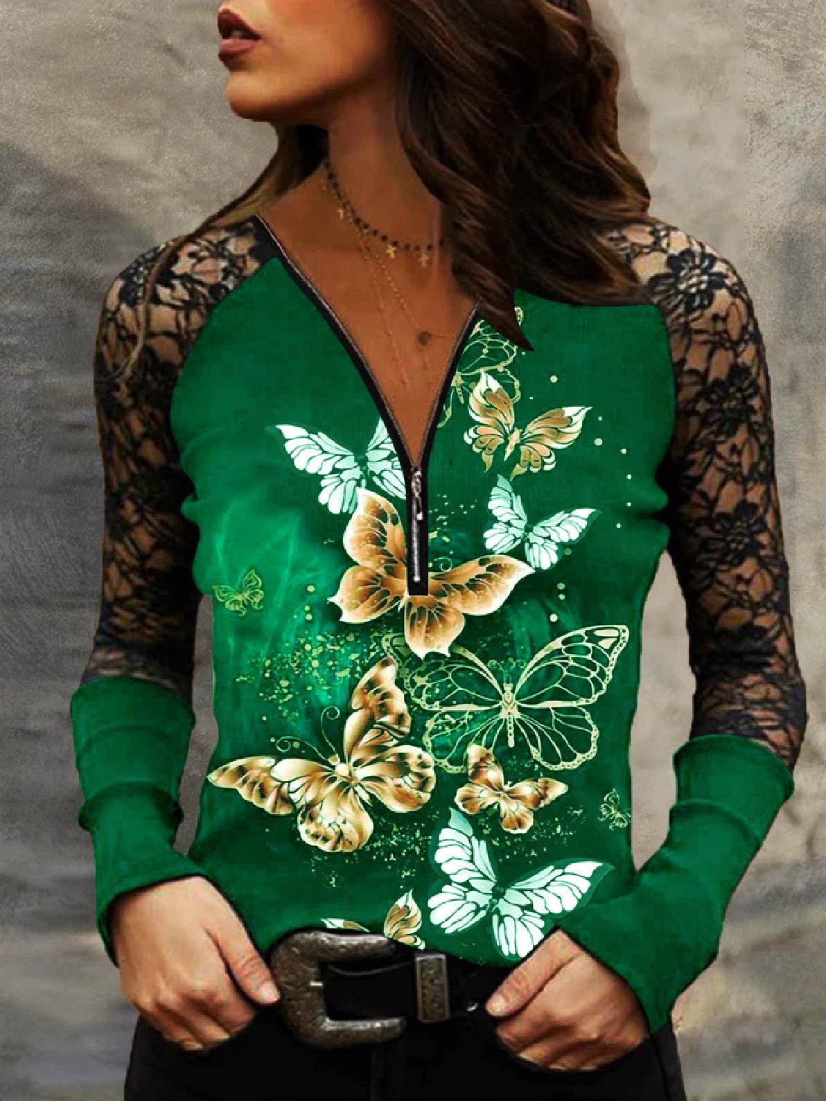 Women's T-Shirts V-Neck Zipper Butterfly Print Lace Long Sleeve T-Shirt - LuckyFash™