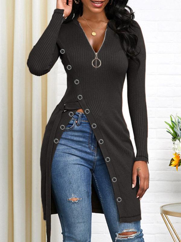 Women's T-Shirts V-Neck Zipper Long Sleeve High Slit T-Shirt - LuckyFash™