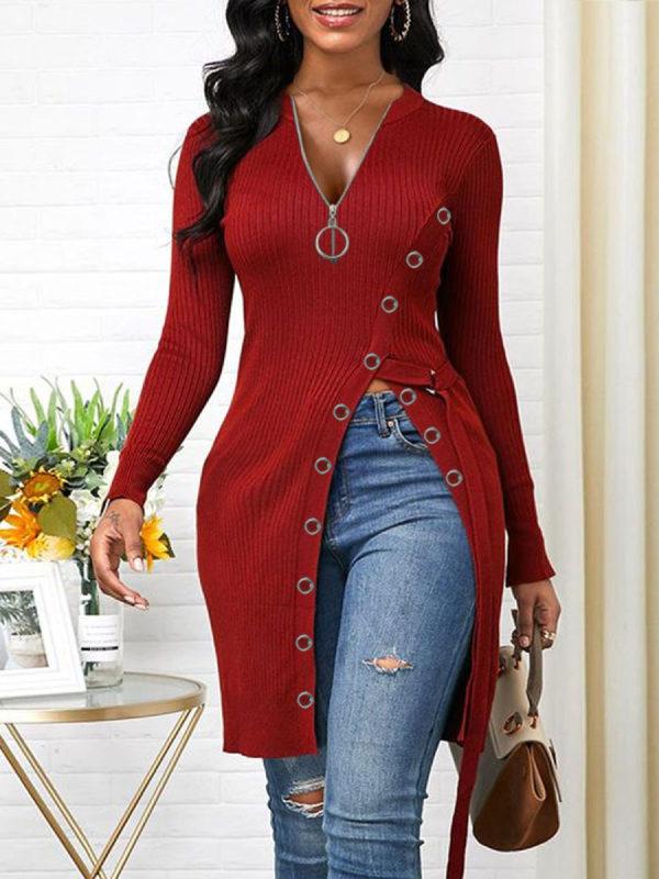 Women's T-Shirts V-Neck Zipper Long Sleeve High Slit T-Shirt - LuckyFash™