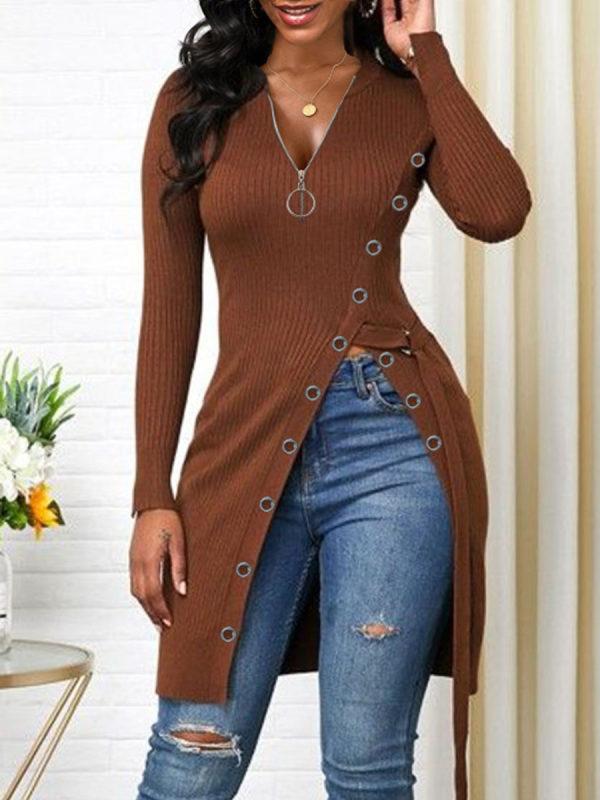 Women's T-Shirts V-Neck Zipper Long Sleeve High Slit T-Shirt - LuckyFash™