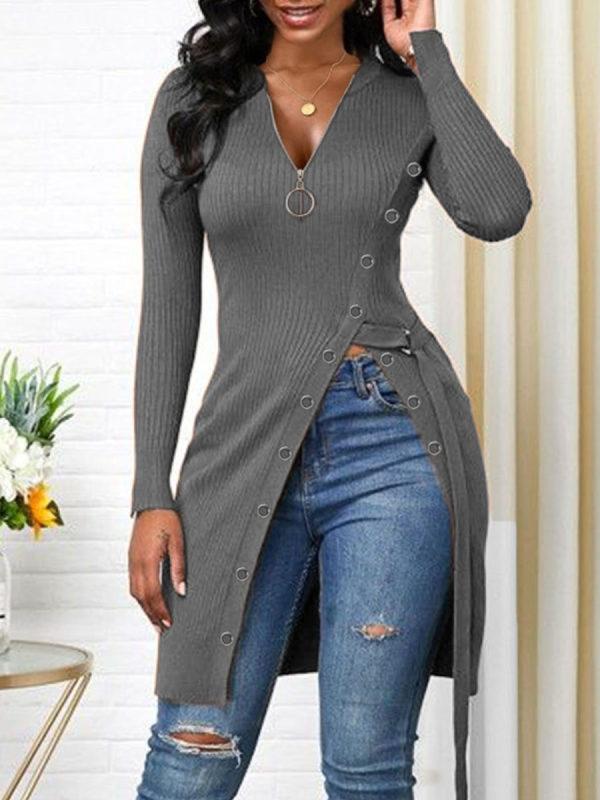 Women's T-Shirts V-Neck Zipper Long Sleeve High Slit T-Shirt - LuckyFash™