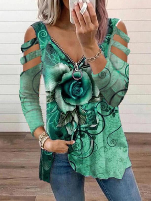 Women's T-Shirts V-Neck Zipper Rose Flower Long Sleeve T-Shirt - LuckyFash™