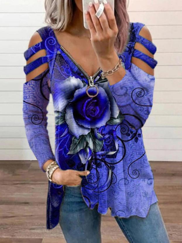 Women's T-Shirts V-Neck Zipper Rose Flower Long Sleeve T-Shirt - LuckyFash™