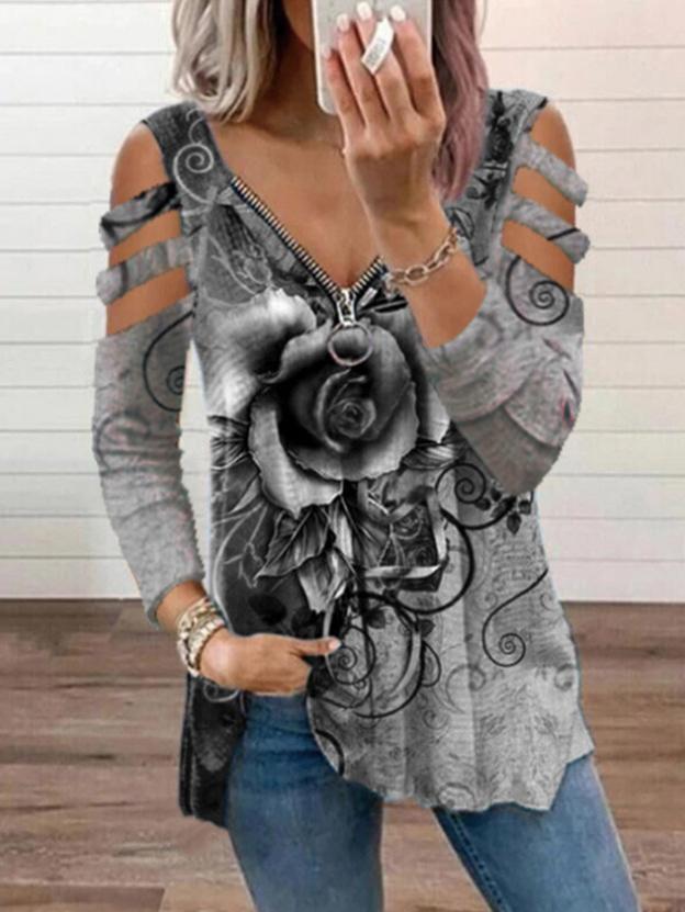 Women's T-Shirts V-Neck Zipper Rose Flower Long Sleeve T-Shirt - LuckyFash™