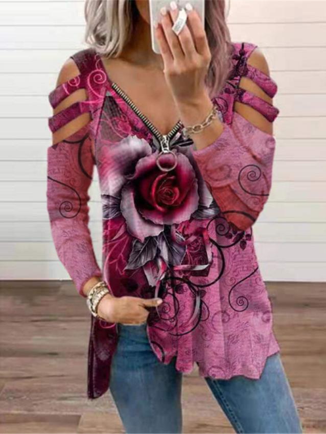 Women's T-Shirts V-Neck Zipper Rose Flower Long Sleeve T-Shirt - LuckyFash™
