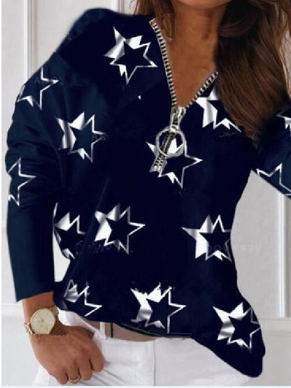 Women's T-Shirts V-Neck Zipper Star Print Long Sleeve Loose T-Shirt - LuckyFash™