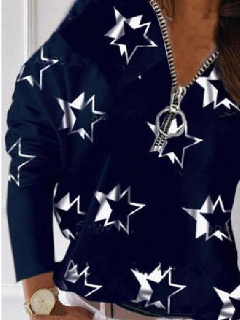 Women's T-Shirts V-Neck Zipper Star Print Long Sleeve Loose T-Shirt - LuckyFash™