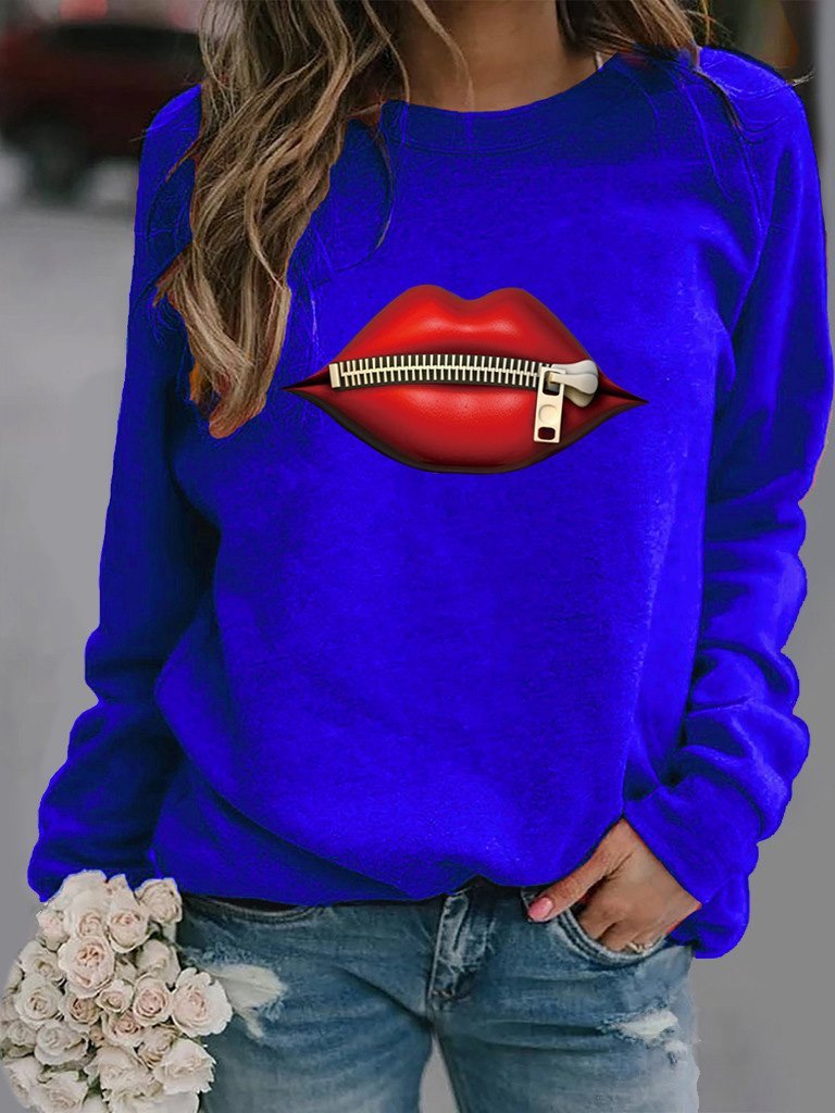 Women's T-Shirts Zipper Lip Pattern Print Long Sleeve Round Neck T-Shirts - LuckyFash™