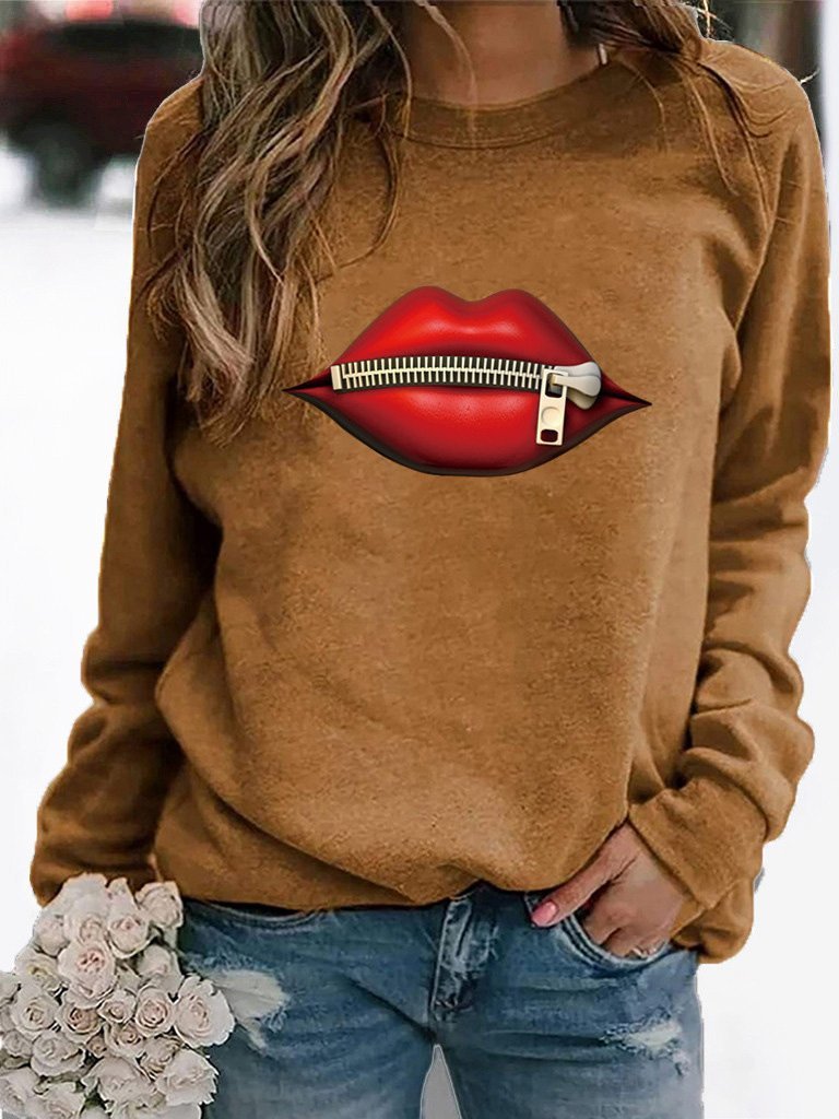Women's T-Shirts Zipper Lip Pattern Print Long Sleeve Round Neck T-Shirts - LuckyFash™