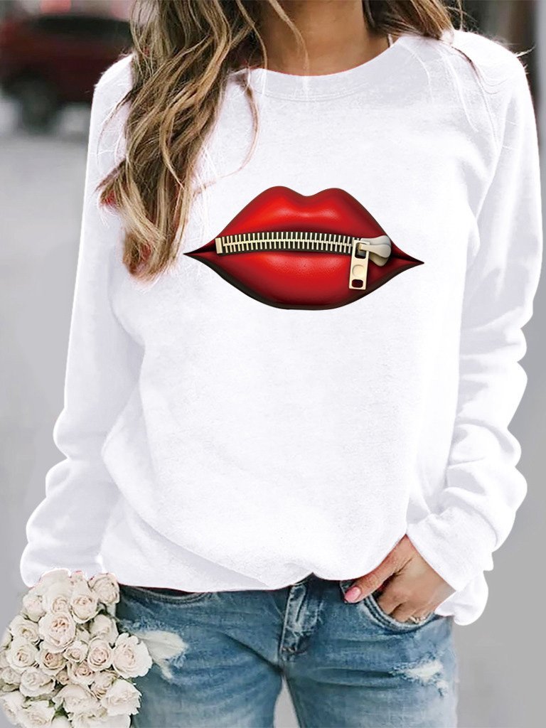 Women's T-Shirts Zipper Lip Pattern Print Long Sleeve Round Neck T-Shirts - LuckyFash™