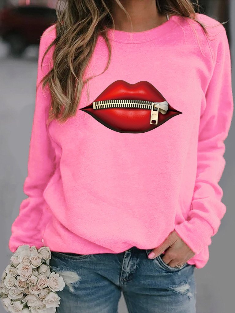 Women's T-Shirts Zipper Lip Pattern Print Long Sleeve Round Neck T-Shirts - LuckyFash™