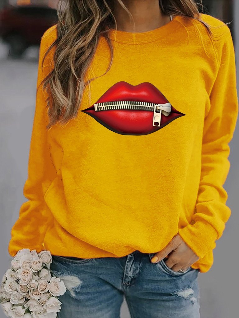 Women's T-Shirts Zipper Lip Pattern Print Long Sleeve Round Neck T-Shirts - LuckyFash™