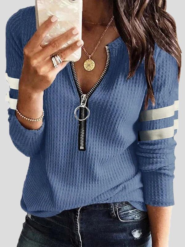 Women's T-Shirts Zipper V-Neck Stitching Long Sleeve T-Shirt - LuckyFash™