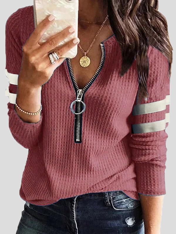 Women's T-Shirts Zipper V-Neck Stitching Long Sleeve T-Shirt - LuckyFash™