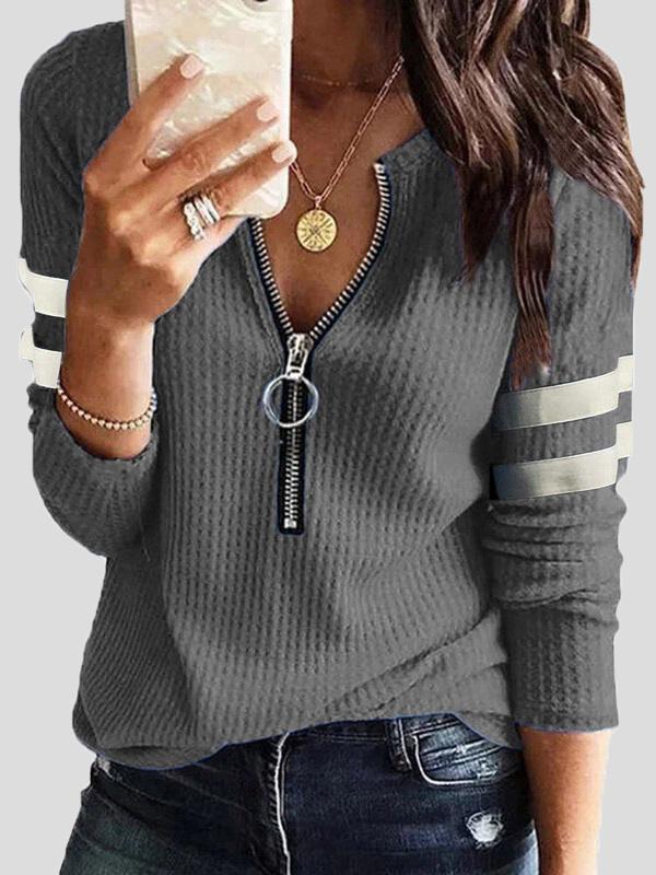 Women's T-Shirts Zipper V-Neck Stitching Long Sleeve T-Shirt - LuckyFash™