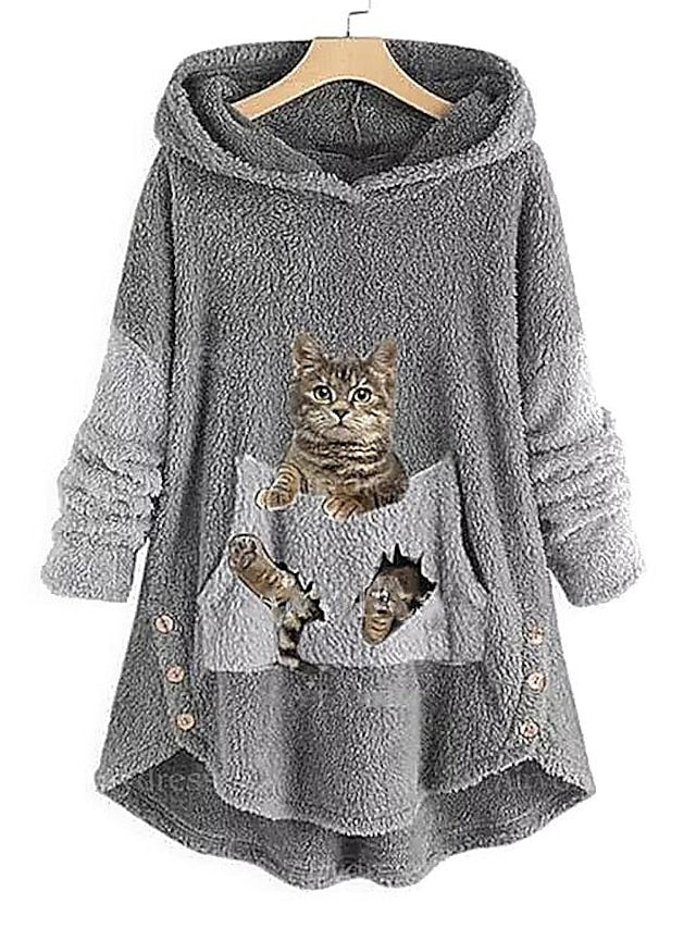 Fleece Hoodie Green Pink Grey Hooded Cat 3D Front Pocket Print Casual Streetwear 3D Print Fleece Active Fuzzy Clothing Apparel Hoodies Sweatshirts / Fleece lined for Women - LuckyFash™