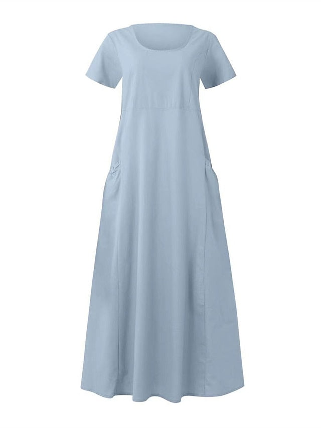 Cotton Linen Dress Casual Dress Swing Dress Maxi long Dress Linen Cotton Blend Fashion Classic Outdoor Daily Vacation Crew Neck Pocket Short Sleeve Summer Spring Loose Fit Black Pink Sky for Women - LuckyFash™