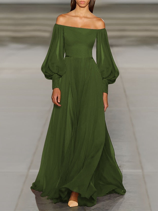 Women‘s Prom Party Dress Swing Dress Long Dress Maxi Dress Green Black Purple Long Sleeve Pure Color Cold Shoulder Fall Autumn Off Shoulder Winter Dress Evening Party Loose Fit 2023 S M L XL - LuckyFash™