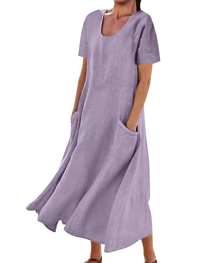 Cotton Linen Dress Casual Dress Swing Dress Maxi long Dress Linen Cotton Blend Fashion Classic Outdoor Daily Vacation Crew Neck Pocket Short Sleeve Summer Spring Loose Fit Black Pink Sky for Women - LuckyFash™