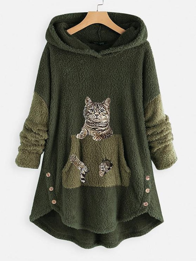 Fleece Hoodie Green Pink Grey Hooded Cat 3D Front Pocket Print Casual Streetwear 3D Print Fleece Active Fuzzy Clothing Apparel Hoodies Sweatshirts / Fleece lined for Women - LuckyFash™