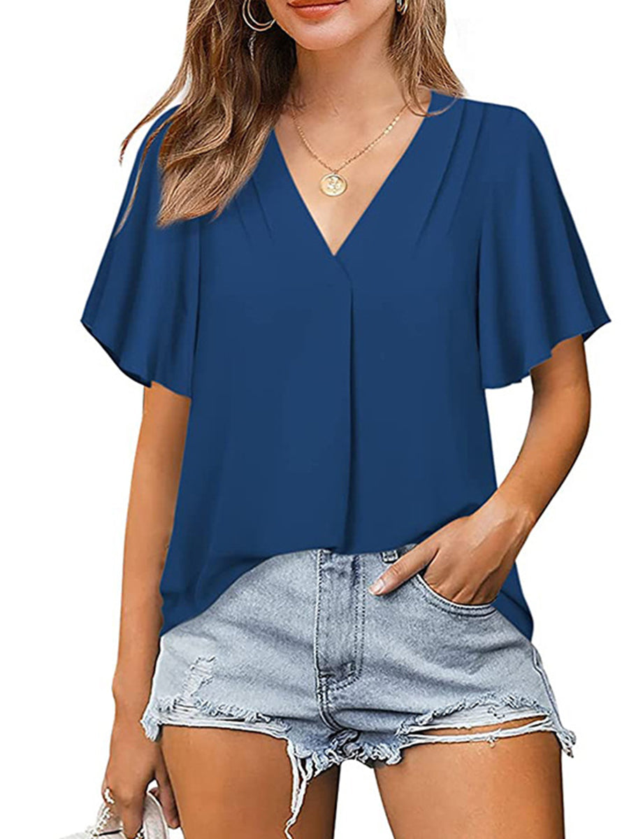 Solid Color V-Neck Chiffon Loose Short Sleeve T-Shirt