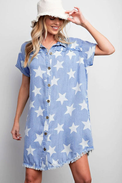 Sky Blue Stars Frayed Hem Collared Short Sleeve Denim Dress