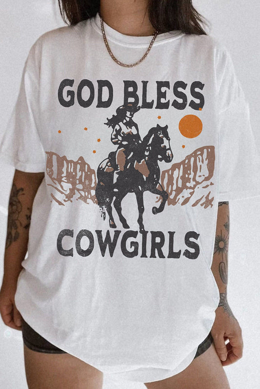 White GOD BLESS COWGIRLS Graphic Crewneck T Shirt