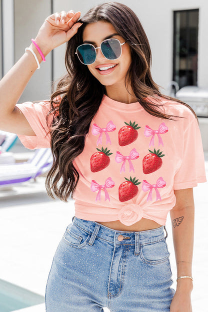 Pink Strawberry & Bowknot Graphic T Shirt