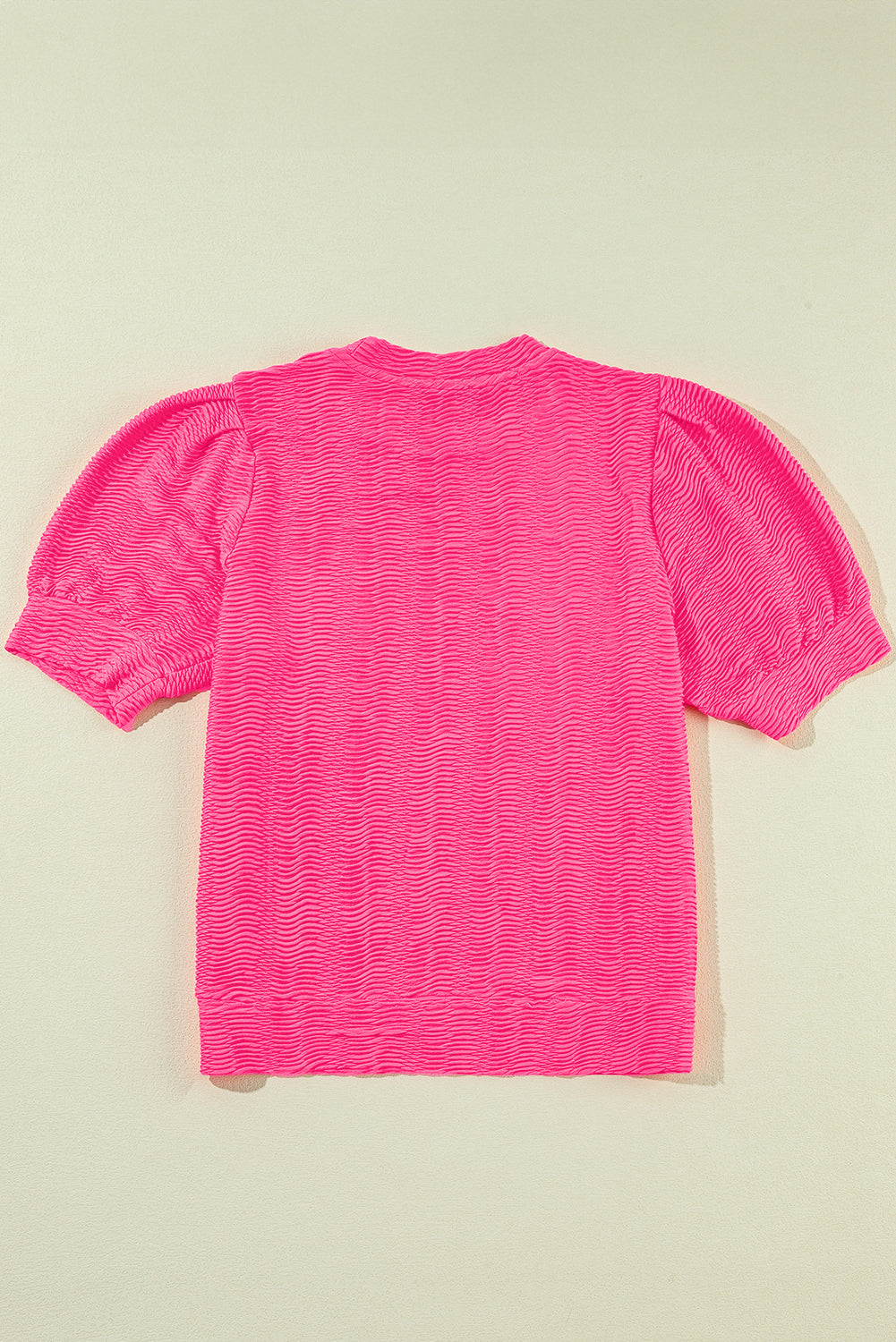 Strawberry Pink Solid Color Textured Puff Sleeve T Shirt