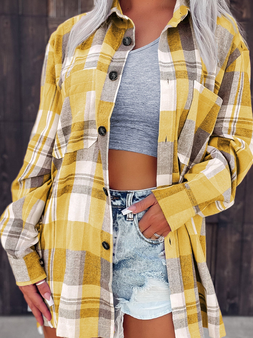 Lapel Collar Single Breasted Loose Plaid Wool Coat