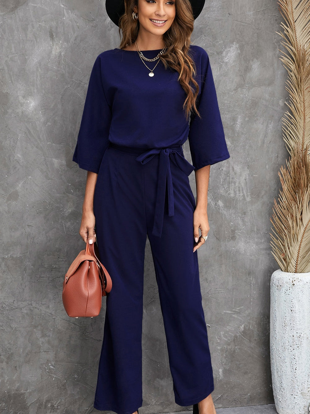 Solid High-necked Long-sleeved Casual Jumpsuit