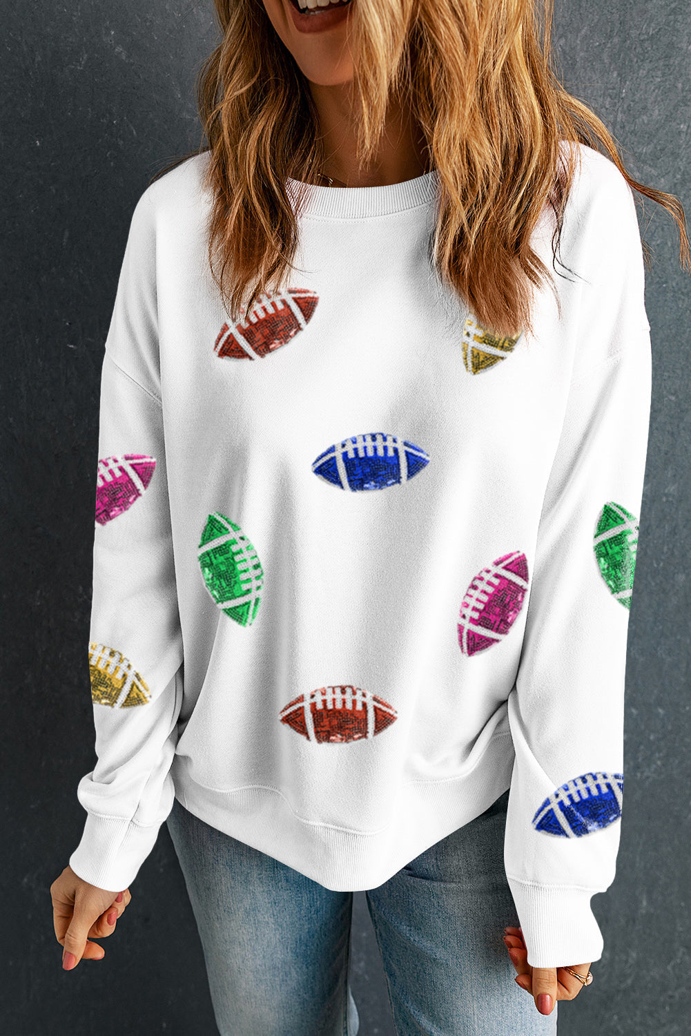 Beige Sequined Rugby Football Pattern O Neck Game Day Sweatshirt