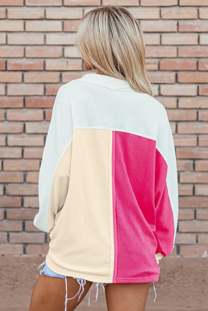 Rose Red Colorblock Ribbed Collared Oversized Sweatshirt