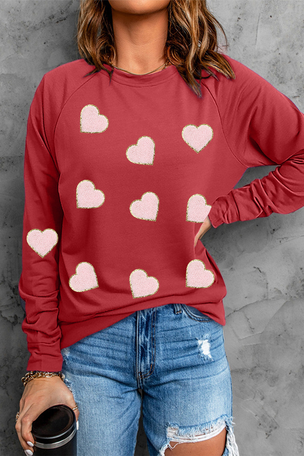 Red Heart Shaped Glitter Chenille Patched Pullover Sweatshirt