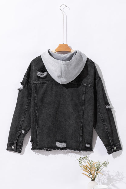 Black Drawstring Hooded Frayed Denim Jacket