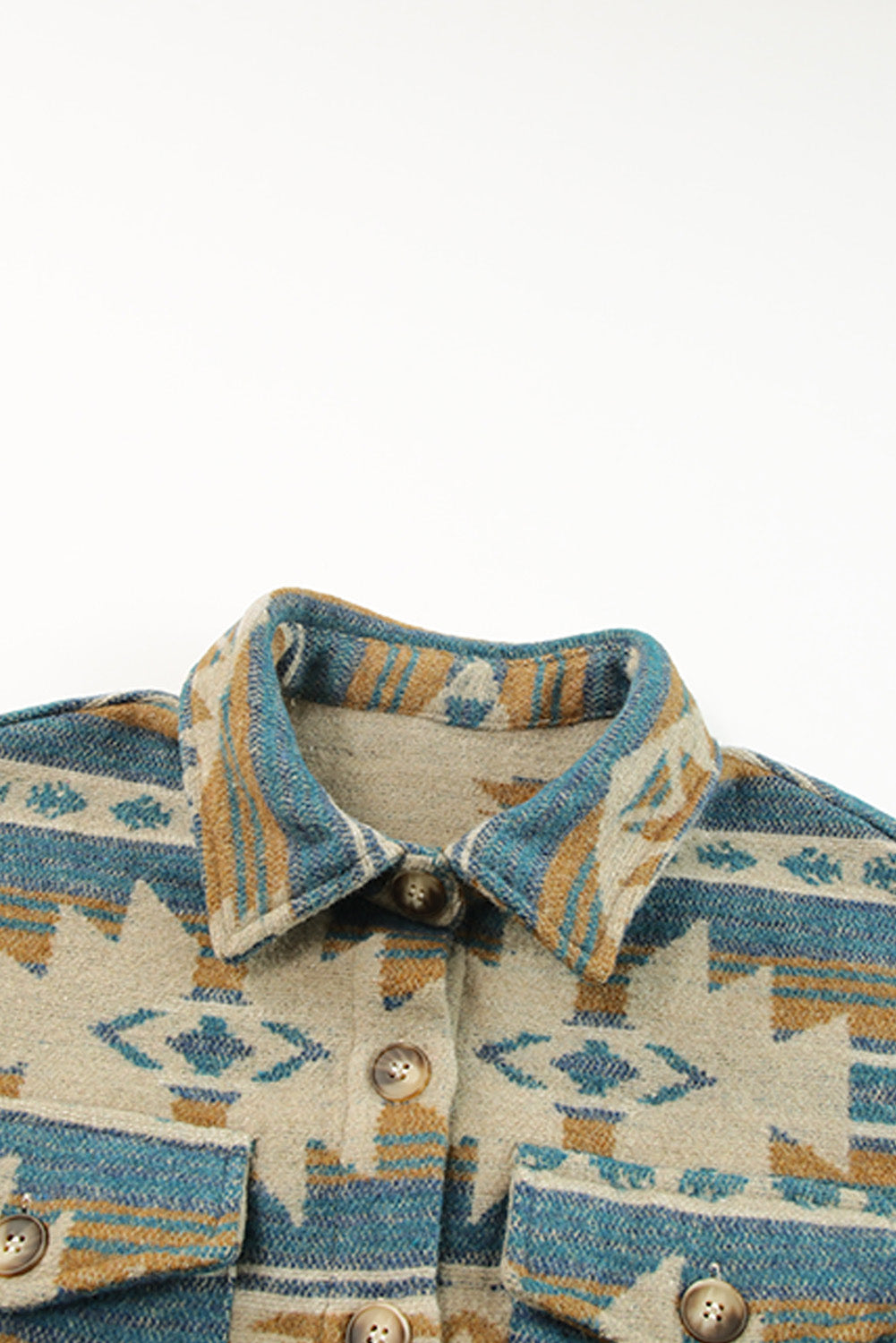 Blue Western Aztec Print Button Flap Pocket Shacket