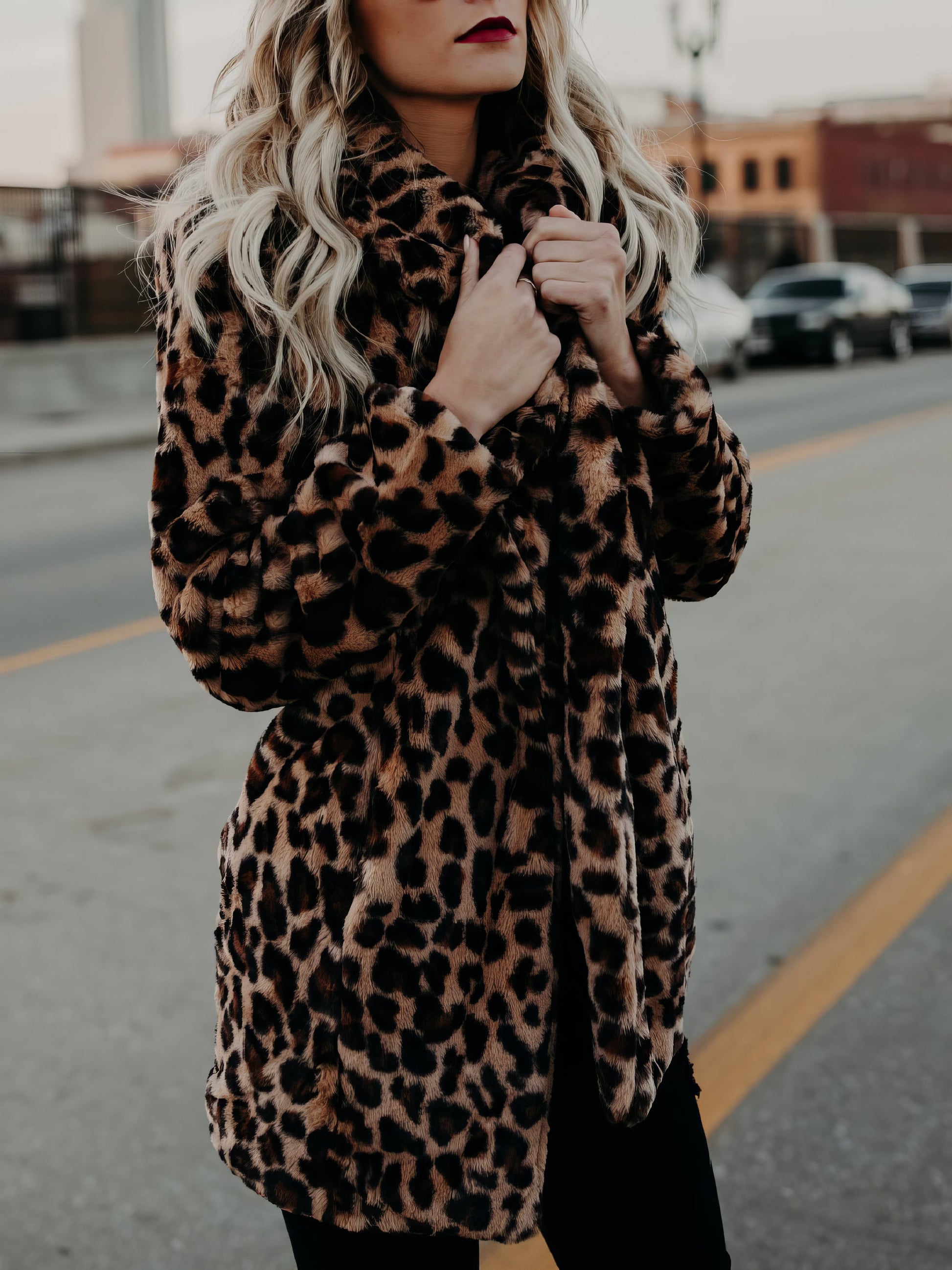 Coats - Lapel Leopard Print Faux Fur Long Sleeve Midi Coat - MsDressly