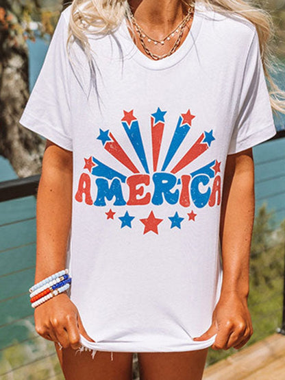 America Flag Print White Round Neck Tee