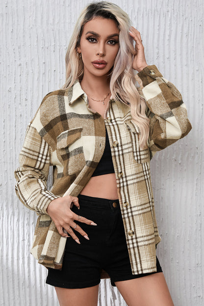 Parchment Contrast Plaid Patchwork Flap Pocket Shacket